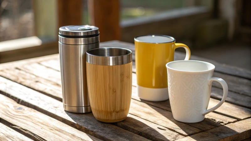 A beautiful arrangement of alternative mugs on a wooden table