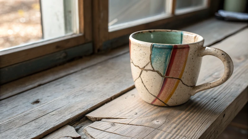 Close-up of a broken ceramic mug on a rustic wooden table