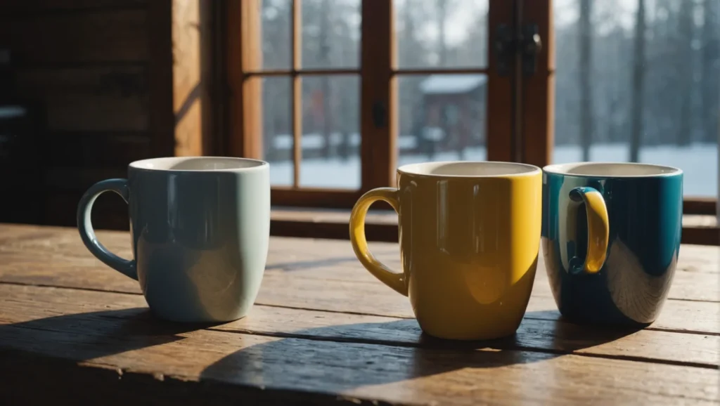 A collection of coffee mugs made from different materials: ceramic, stainless steel, and stoneware.