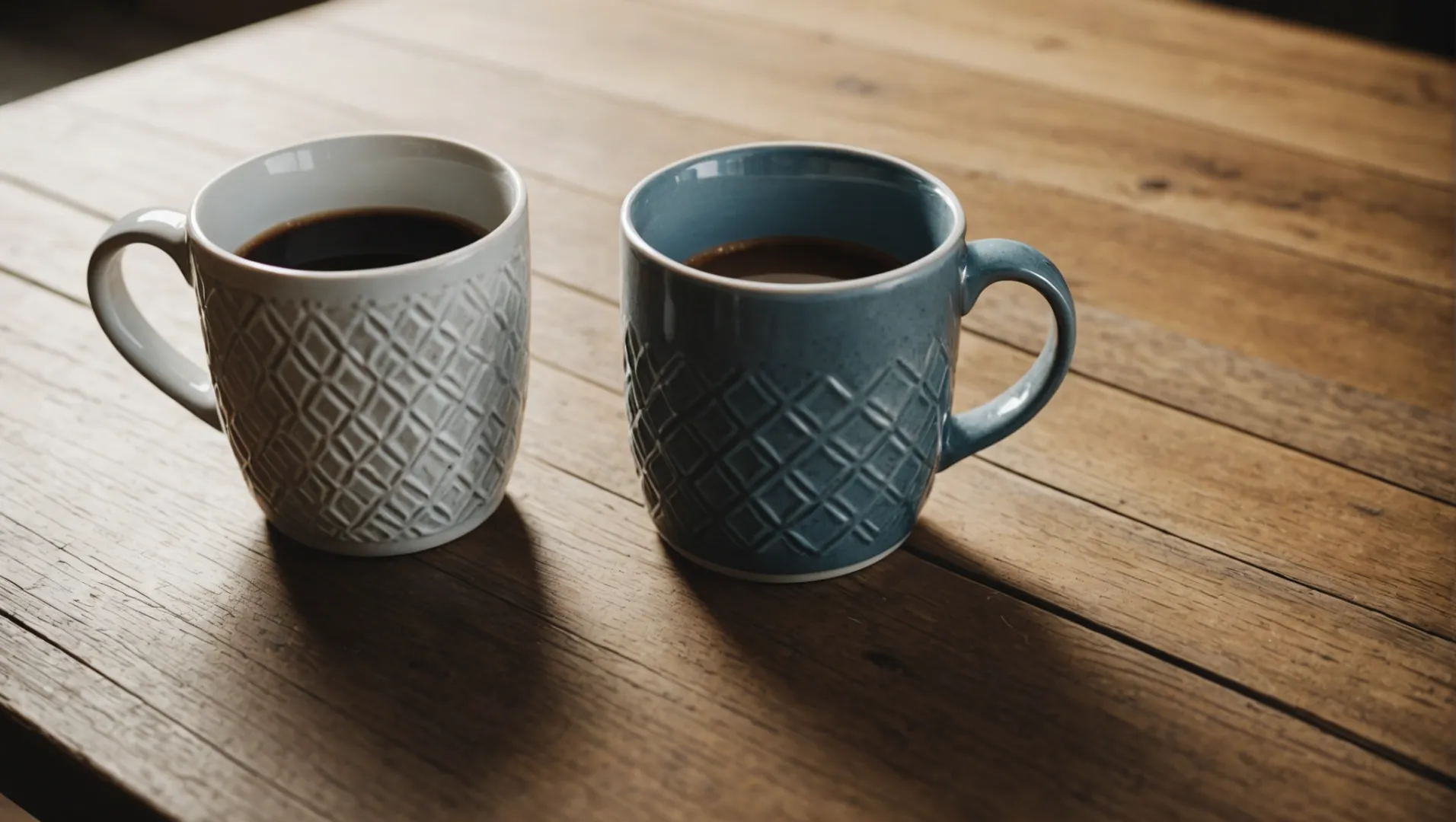 Porcelain and stoneware coffee mugs side by side on a wooden table