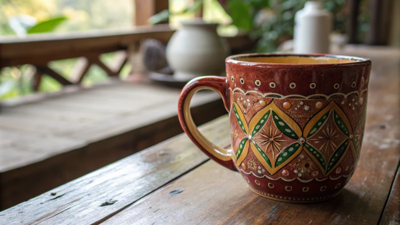 Close-up of a ceramic mug on a wooden table