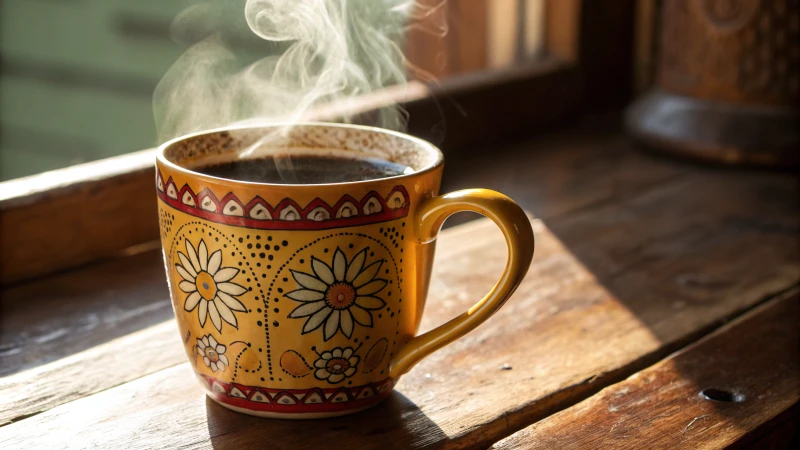 A close-up of a colorful ceramic mug filled with steaming coffee on a wooden table.