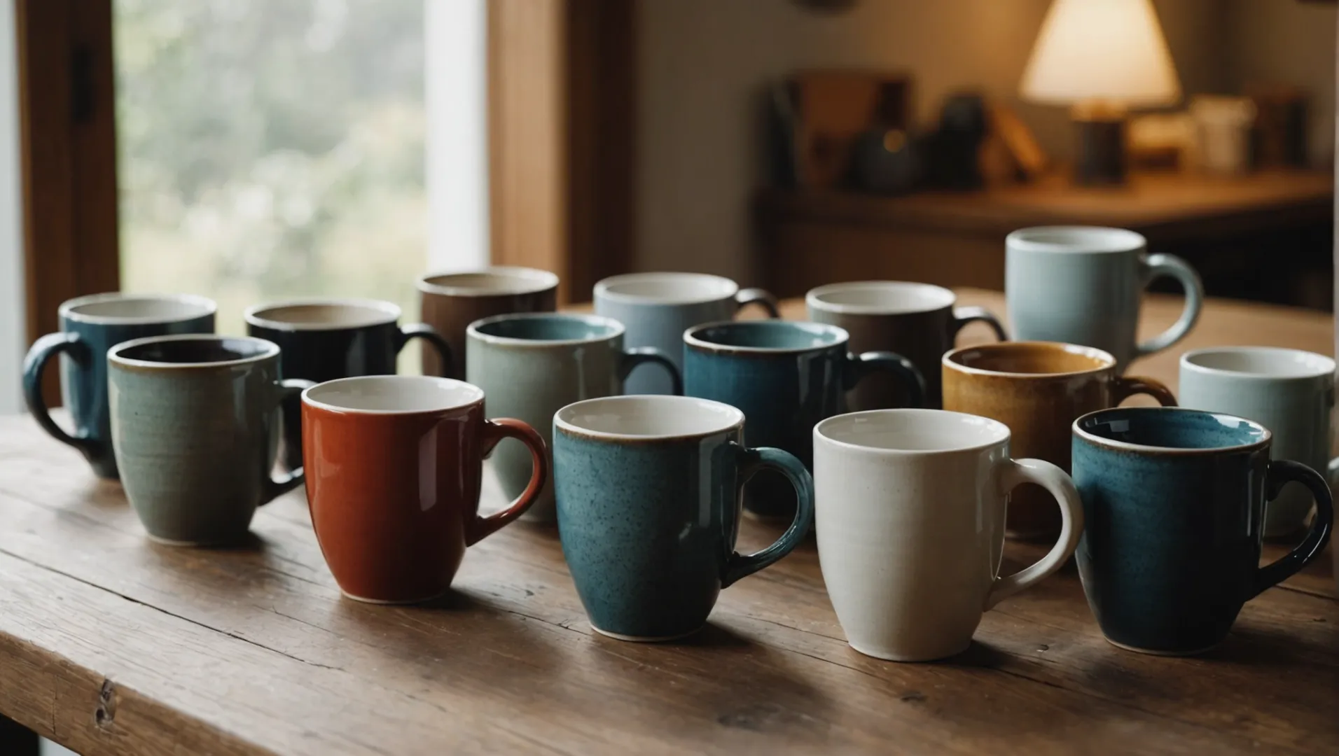 A collection of diverse ceramic mugs displayed on a wooden table, showcasing various colors and designs.