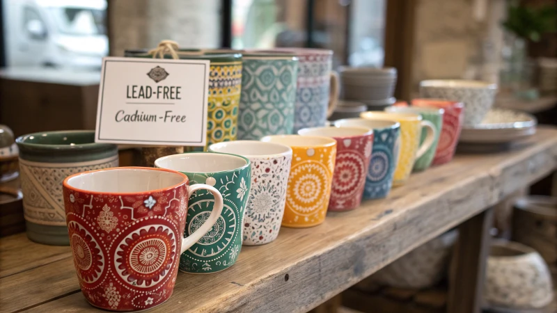 A variety of ceramic mugs on a wooden table