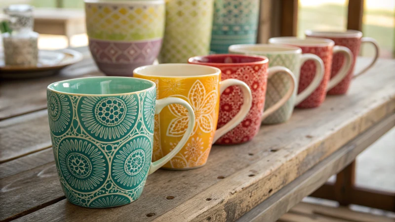 A collection of colorful ceramic mugs on a wooden table