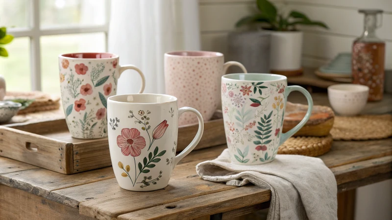 A collection of ceramic mugs on a rustic wooden table