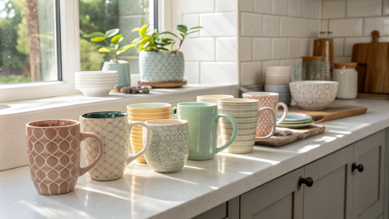 A collection of colorful ceramic mugs on a kitchen countertop