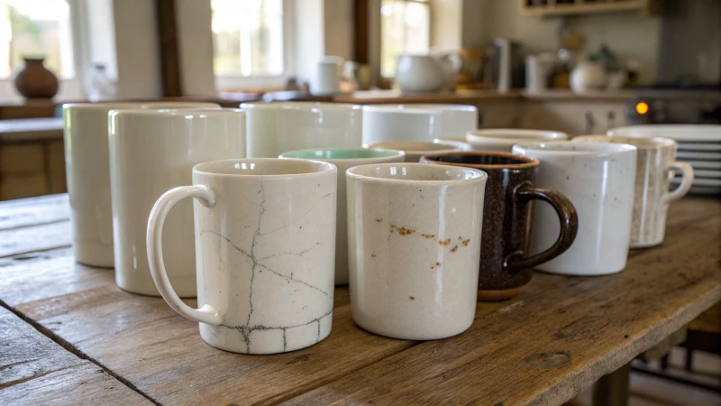 A collection of ceramic mugs on a rustic wooden table