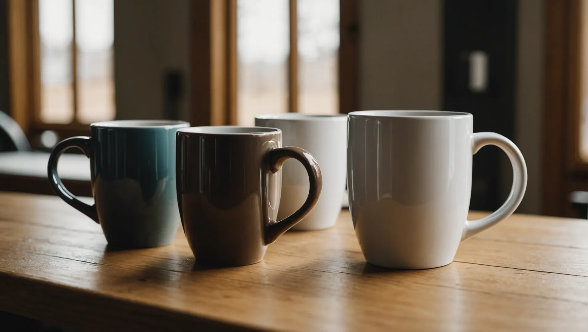 A ceramic mug, a stainless steel mug, and a stoneware mug side by side on a wooden table.