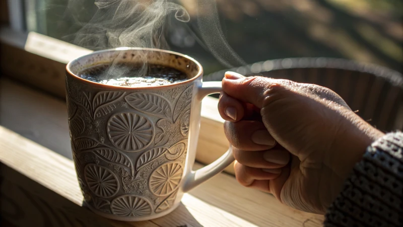 Close-up of a hand holding a textured 3D mug filled with a steaming drink