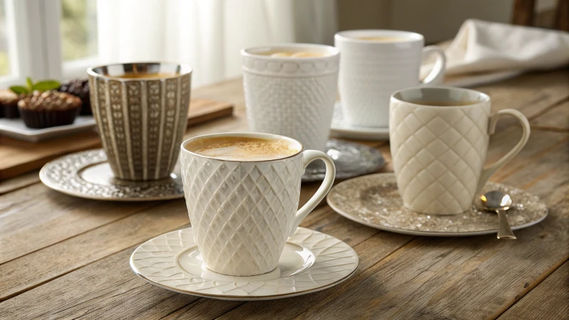 An assortment of coffee cups made from various materials on a rustic wooden table