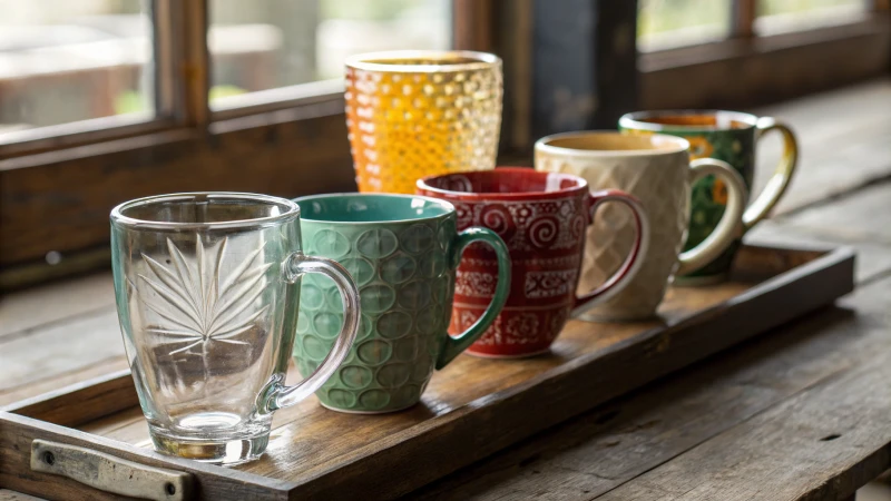 Close-up of colorful glass and ceramic coffee mugs on a wooden table