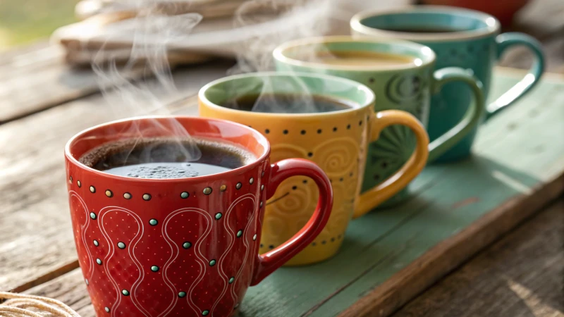 Colorful ceramic mugs with hot drinks on a rustic table