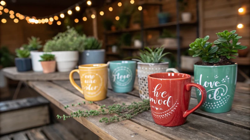 A cozy arrangement of colorful mugs with motivational quotes on a wooden table.