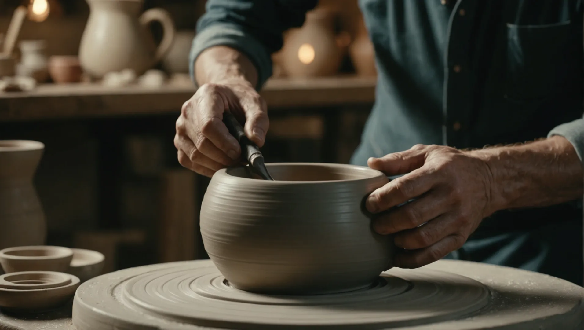 Ceramic mug with intricate design on a pottery wheel