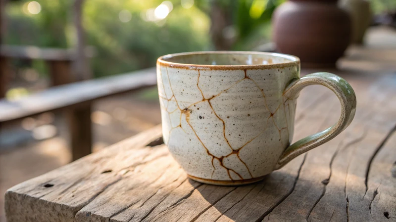 A close-up of a delicate ceramic mug with intricate glaze and a visible crack.