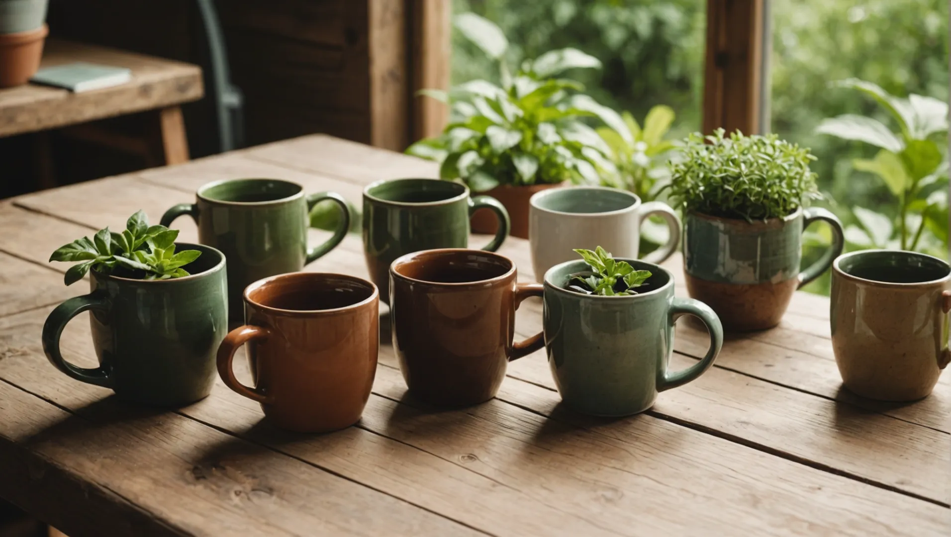 Various ceramic mugs in natural shades on a wooden table surrounded by green plants.