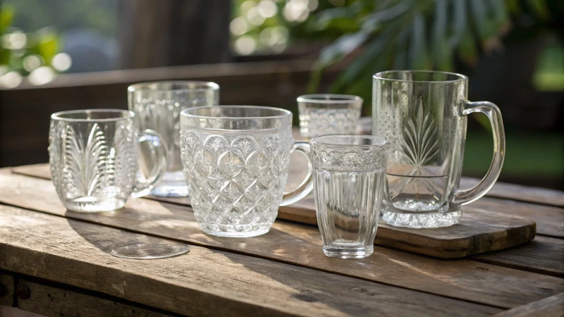 A collection of glass mugs on a wooden table with natural light