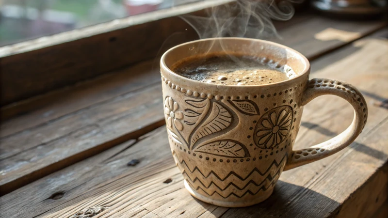 Close-up of a ceramic mug filled with coffee on a wooden table