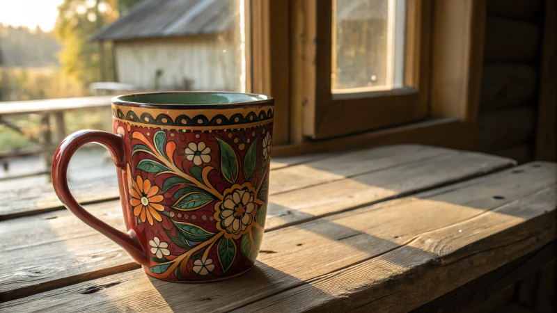 A handcrafted ceramic mug on a rustic wooden table illuminated by natural light.