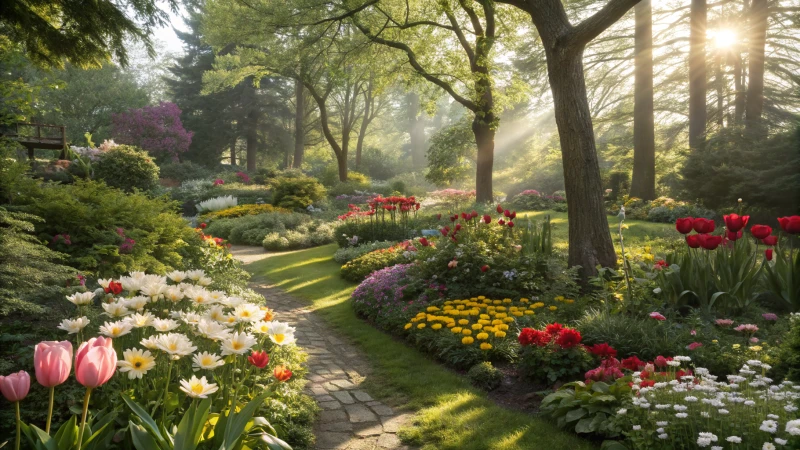 A vibrant botanical garden with blooming flowers and green foliage