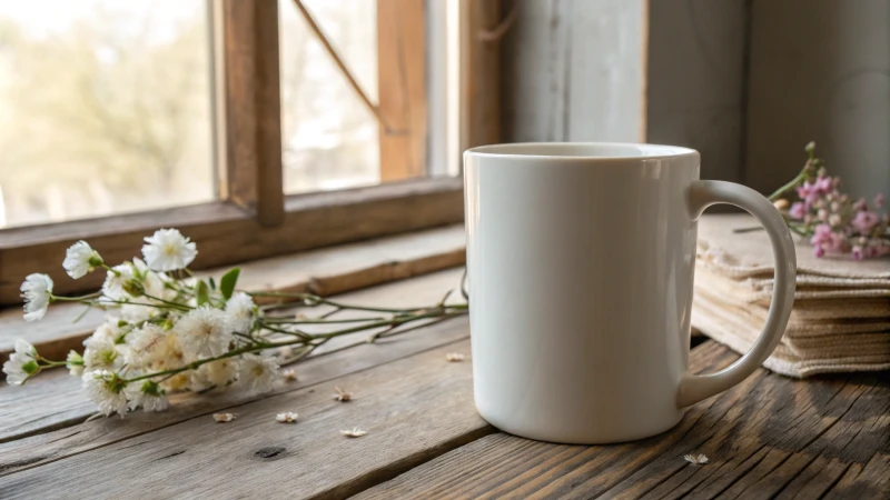 A minimalist mug on a rustic wooden table with flowers around it