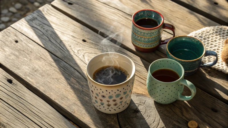 Colorful ceramic mugs on a rustic wooden table