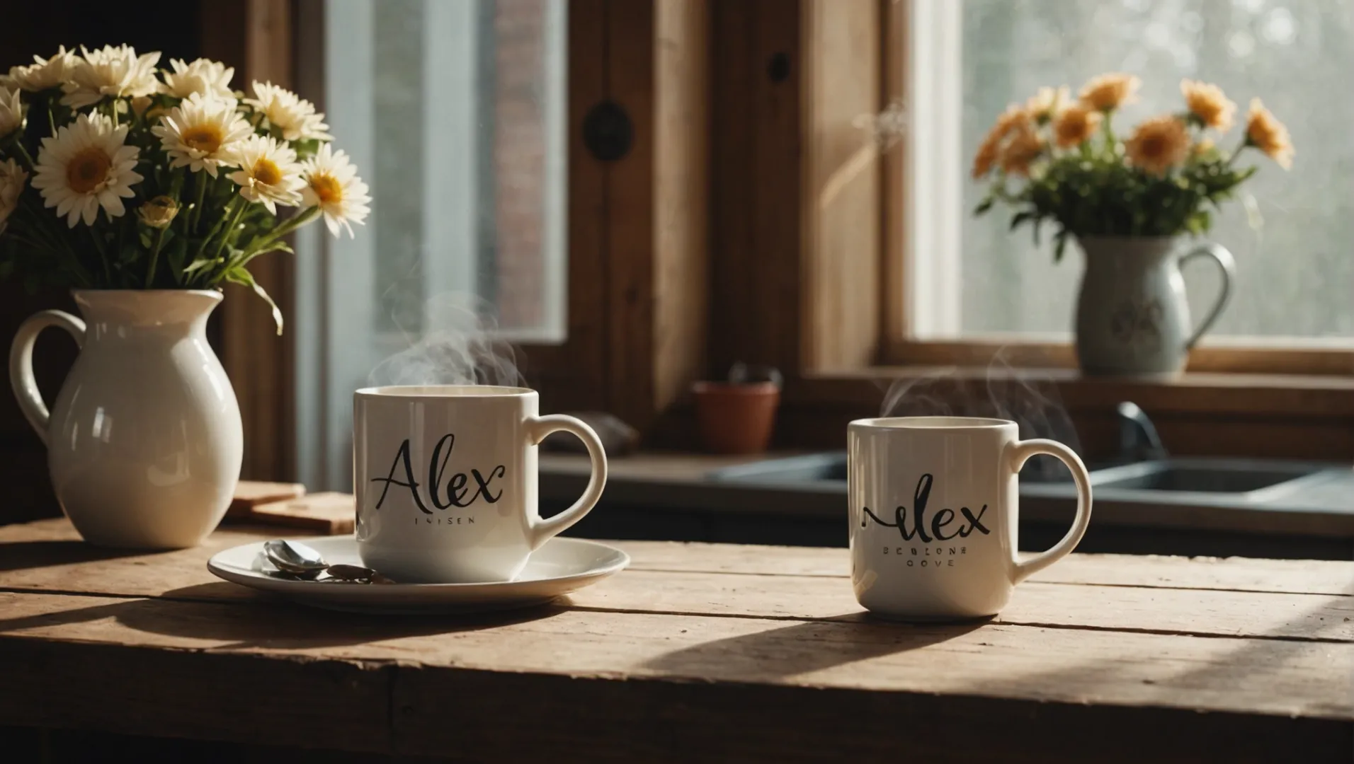 A personalized ceramic mug with a name and artistic design, filled with steaming coffee on a wooden table.