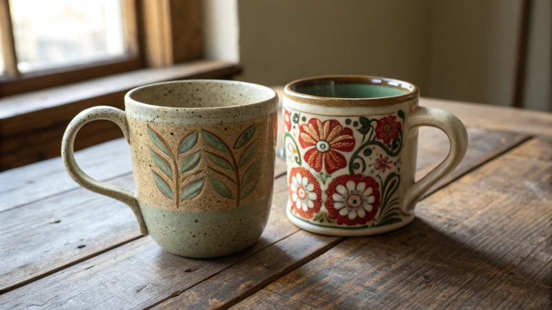 Rustic wooden table with two distinct mugs