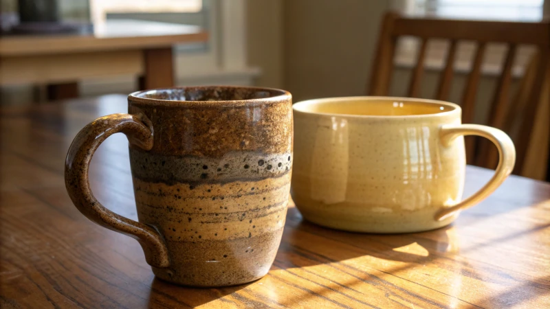 A stoneware mug and a ceramic mug on a wooden table