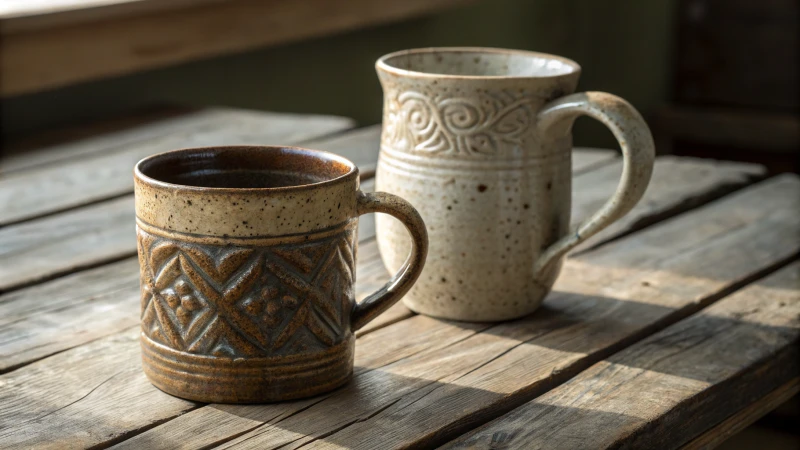 A stoneware mug next to a glossy ceramic mug on a wooden table