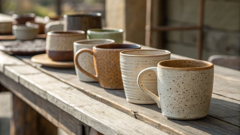 Collection of stoneware and ceramic mugs on a rustic table