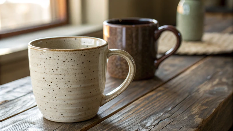 Close-up of stoneware and ceramic mugs on a wooden table