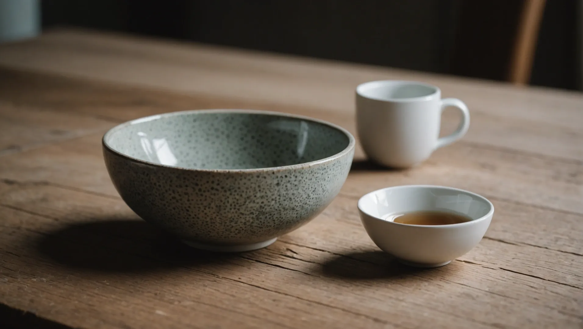 Comparison of stoneware and porcelain tableware on a wooden table.