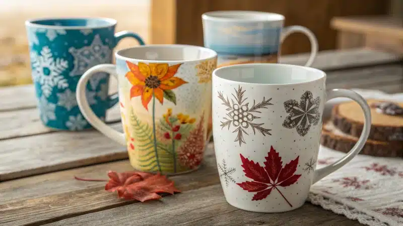 A close-up display of colorful seasonal mugs on a wooden table