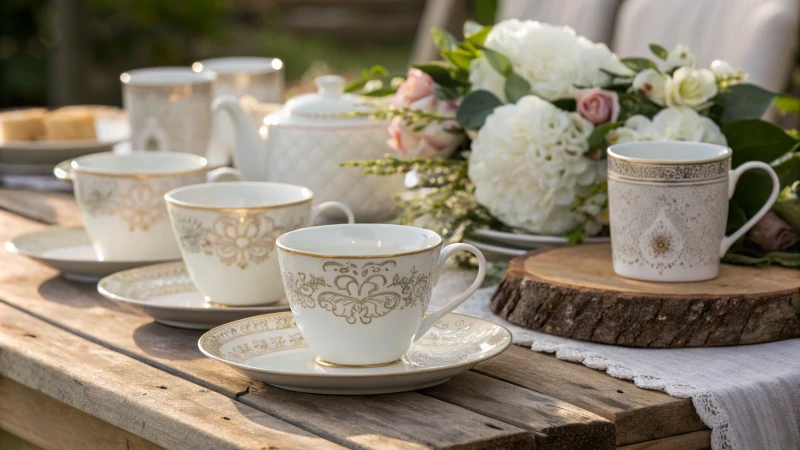 Display of bone china cups on a wooden table