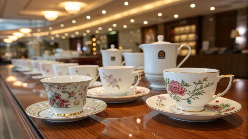 Elegant bone china cups on a wooden table