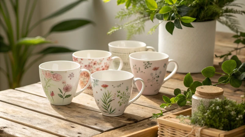 A set of elegant bone china cups with floral patterns on a rustic table