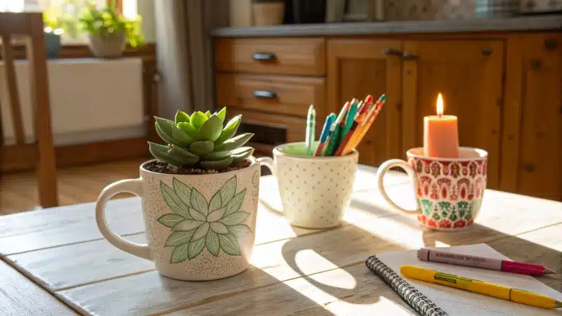 A bright kitchen table with creatively repurposed mugs.