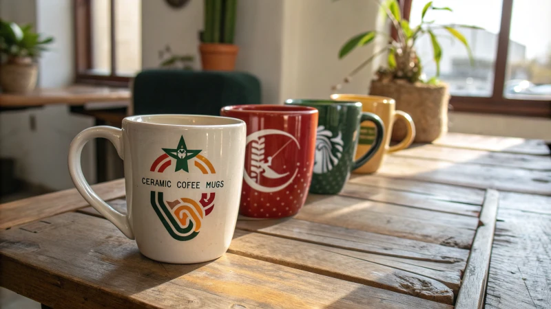 Colorful ceramic coffee mugs on a wooden table