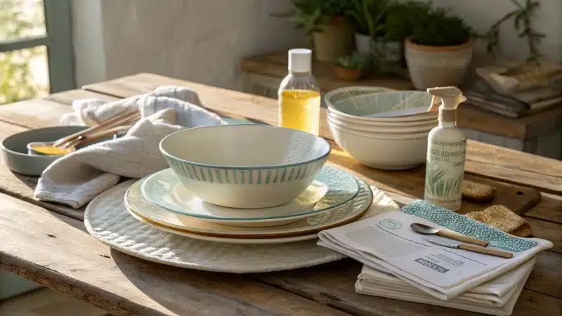 Ceramic dish on rustic table with cleaning tools