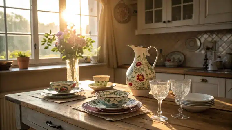 A warm kitchen setting showcasing delicate ceramic items on a wooden table