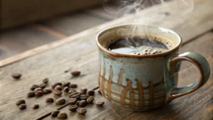 Close-up of a ceramic mug with coffee and steam on a wooden table