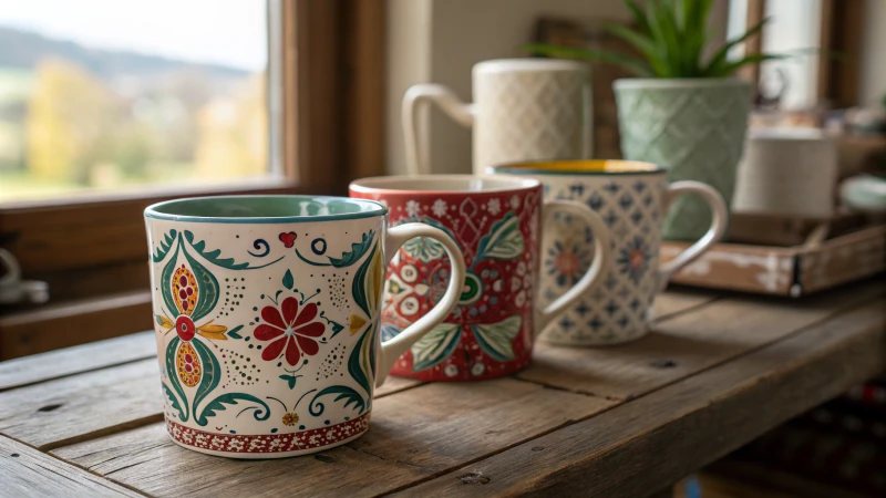 An array of ceramic mugs on a wooden table