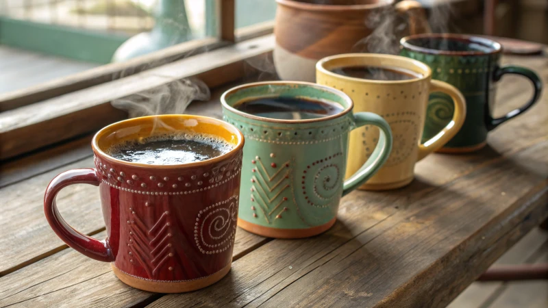 A collection of colorful ceramic mugs filled with steaming coffee on a wooden table.