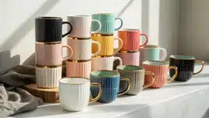 Collection of ceramic mugs in various colors and finishes