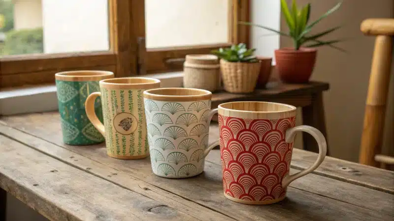 A collection of stylish ceramic mugs on a wooden table