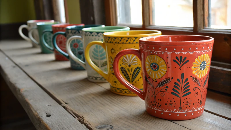 Colorful ceramic mugs on a wooden table