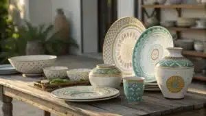 A display of high-quality ceramic plates, bowls, and vases on a wooden table