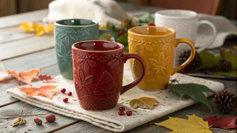 A cozy display of colorful seasonal mugs on a rustic wooden table